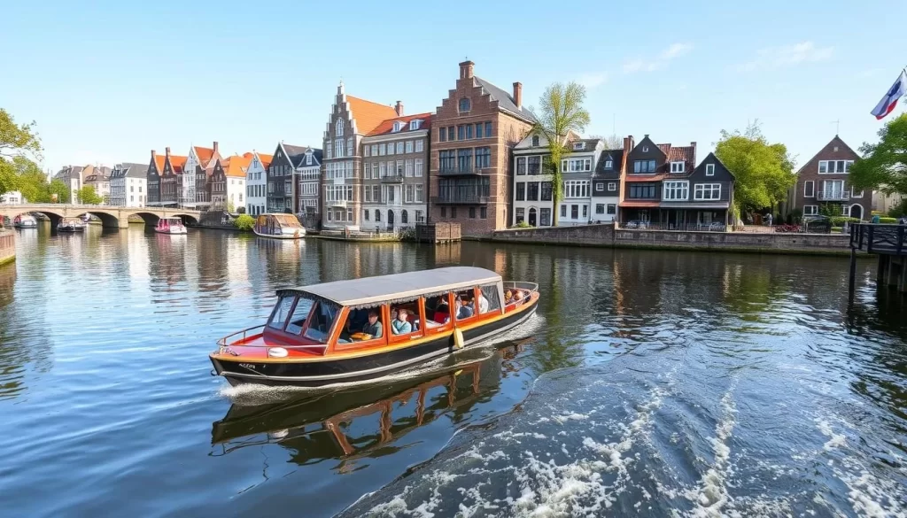 Generate an image of a serene boat tour along the Dijle River in Mechelen, passing by historic buildings and charming riverside homes.