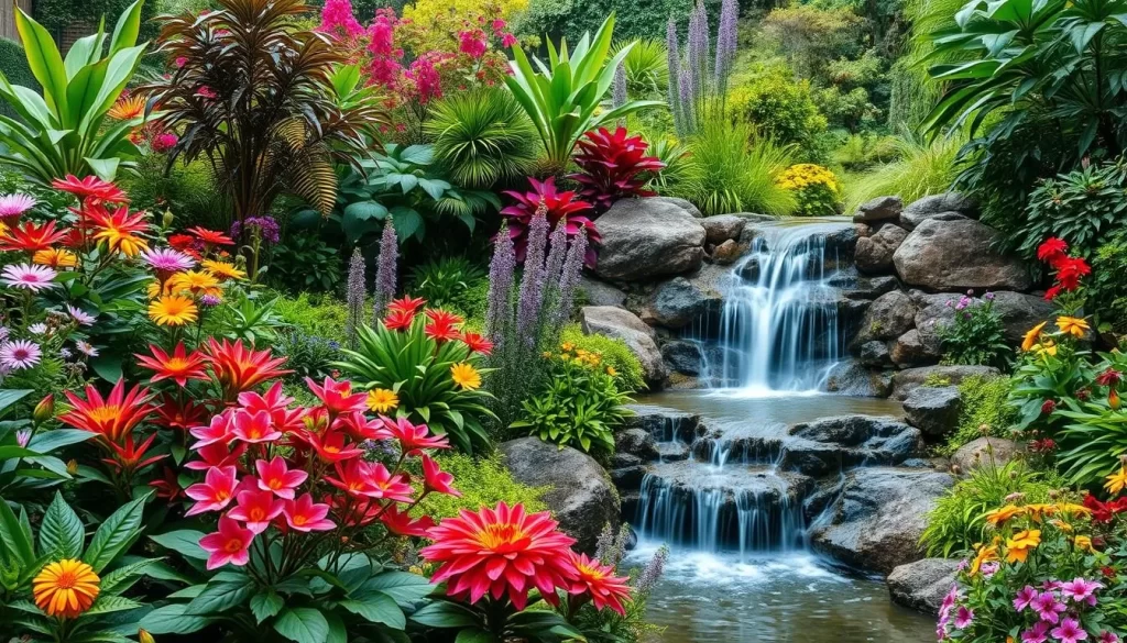 Generate an image of a serene botanical garden with diverse flora and a waterfall.