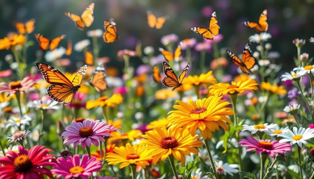 Generate an image of a serene butterfly garden with diverse butterfly species fluttering around vibrant flowers.
