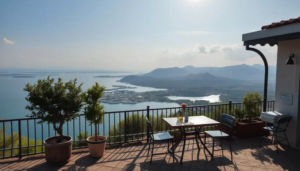 Generate an image of a serene cafe on Burgazada Island with a beautiful view.