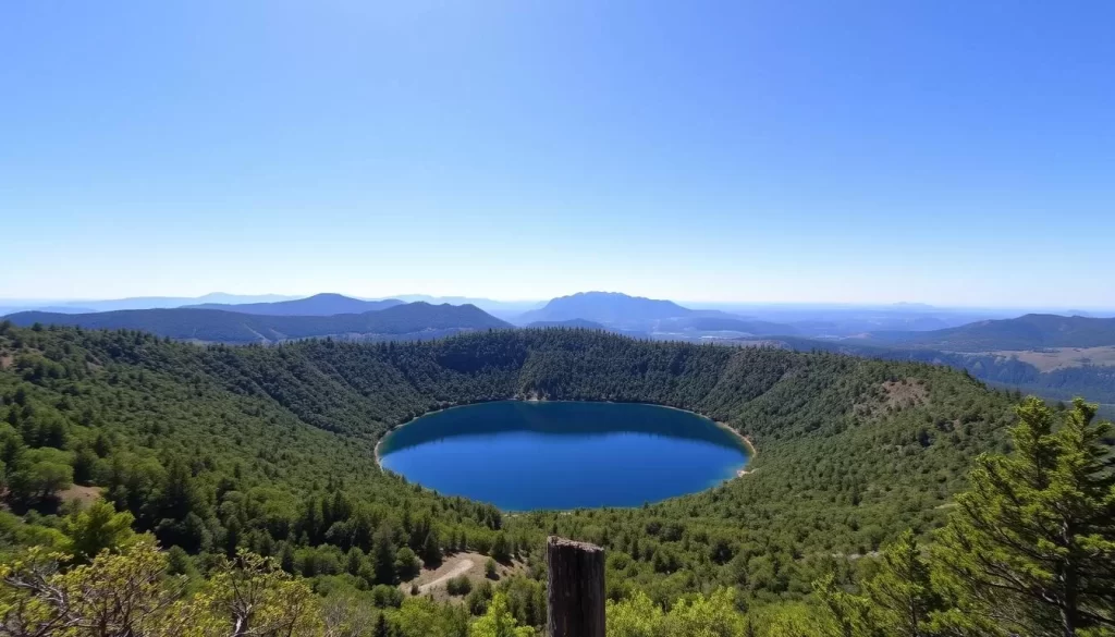 Generate an image of a serene crater lake surrounded by lush greenery and a clear blue sky.