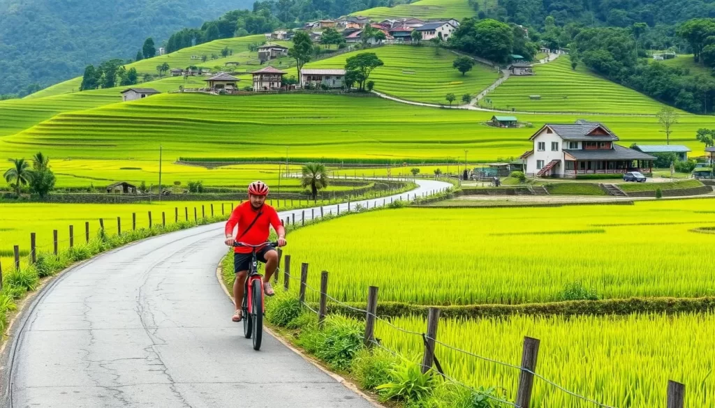 Generate an image of a serene cycling route through Yilan's countryside with rice fields and traditional architecture.