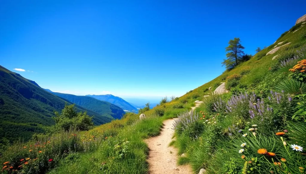 Generate an image of a serene hiking trail in Triesenberg, Liechtenstein, with lush greenery and a clear blue sky.