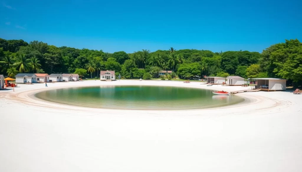 Generate an image of a serene inland beach with fine white sand surrounding a freshwater lake, complete with beach huts and paddle boats.