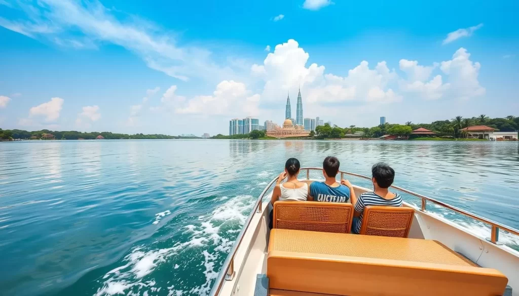 Generate an image of a serene lake cruise in Putrajaya, with passengers enjoying the scenic views.