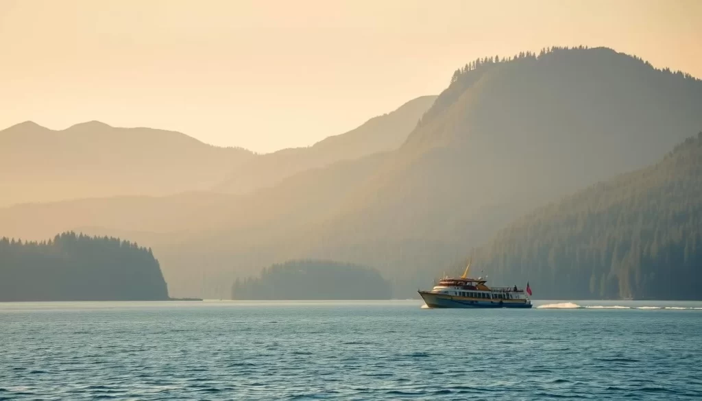 Generate an image of a serene lake cruise with pine-covered mountains in the background.