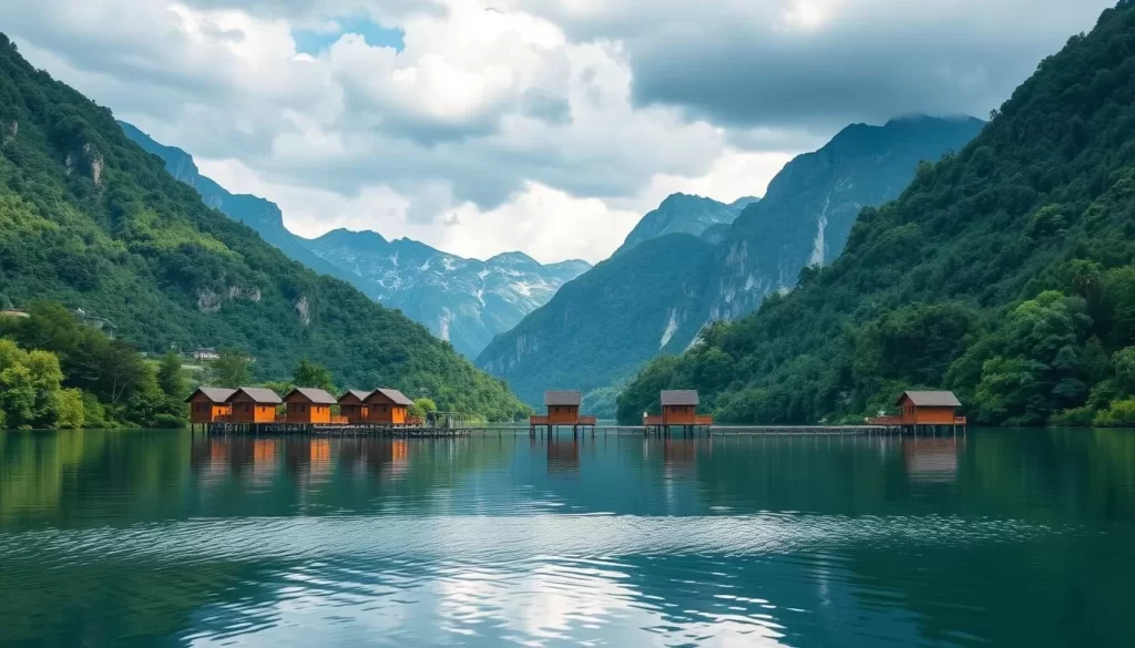 Generate an image of a serene lake surrounded by lush greenery and towering mountains, with floating bungalows in the distance.
