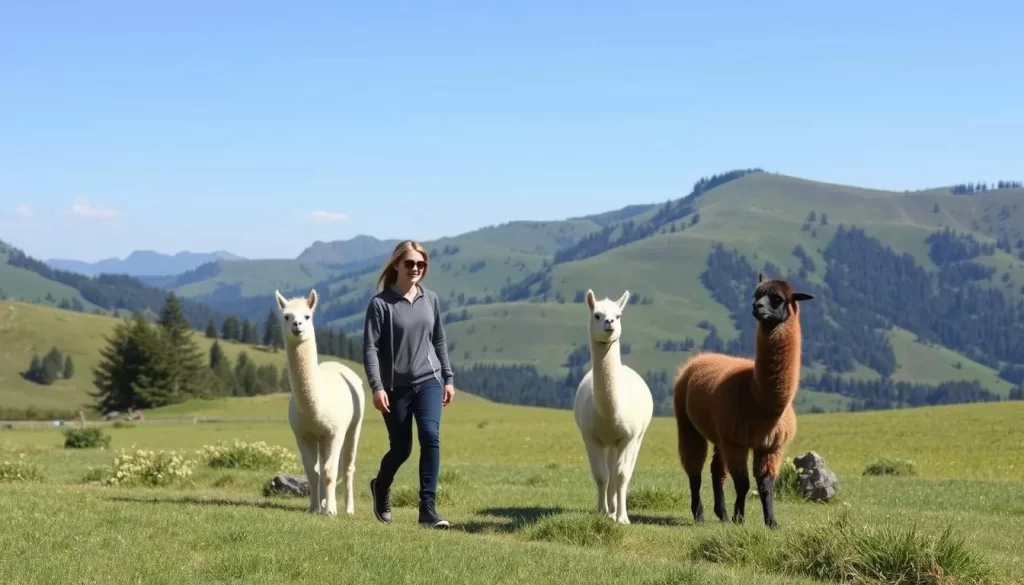 Generate an image of a serene landscape in Triesenberg with llamas and alpacas walking alongside a person.