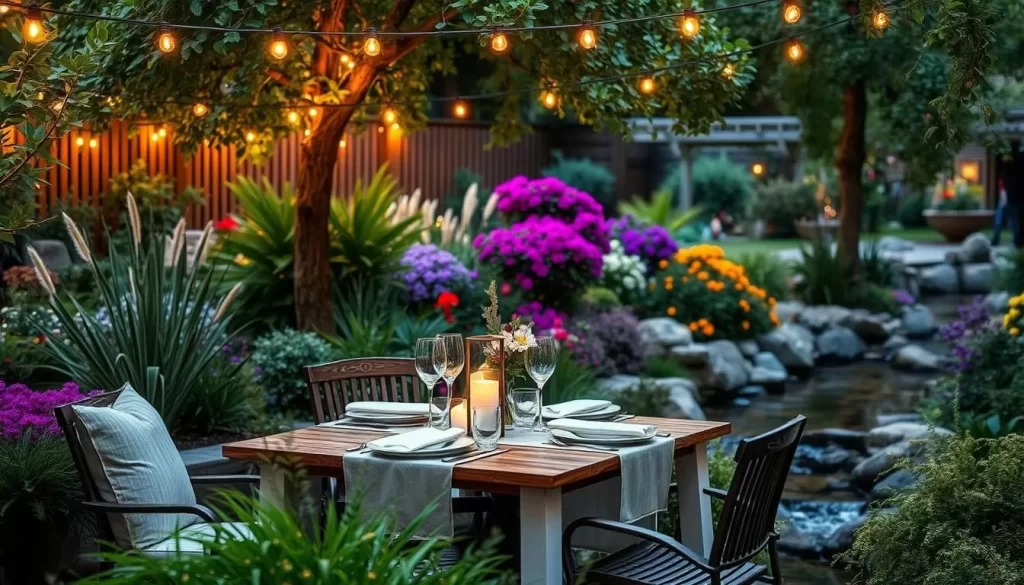 Generate an image of a serene outdoor dining setting with soft twinkle lights, lush gardens, and a babbling brook.