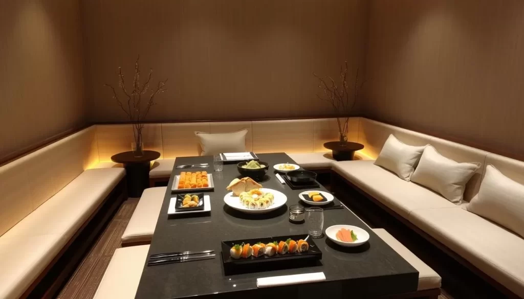 Generate an image of a serene private dining area at Tomoko Spa with a sushi spread.