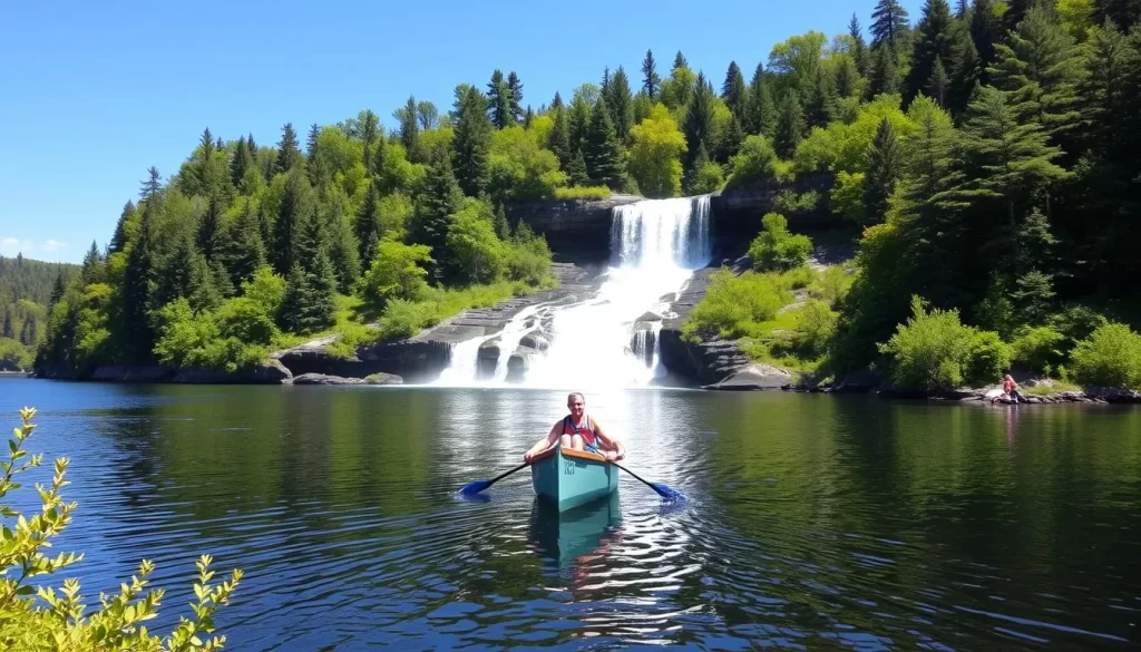 Generate an image of a serene rowboat navigating through the calm waters of the Lower Tahquamenon Falls, surrounded by lush greenery.