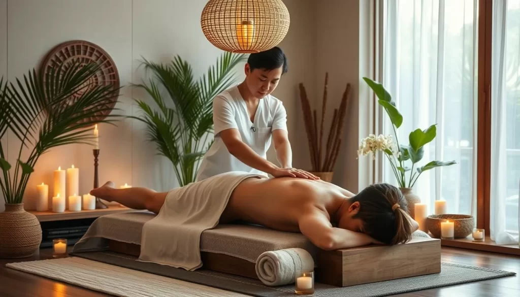 Generate an image of a serene spa environment with a traditional Thai massage therapist attending to a client.