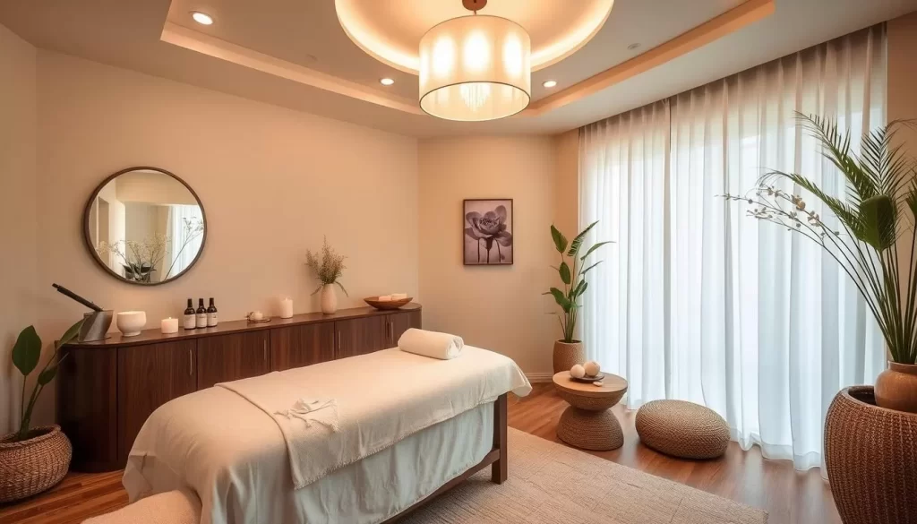 Generate an image of a serene spa environment with a treatment room at Spa Botanica.