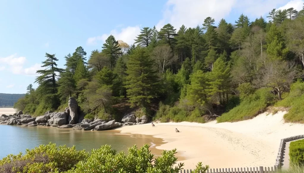 Generate an image of a serene state park with a mix of beach, forest, and wildlife.