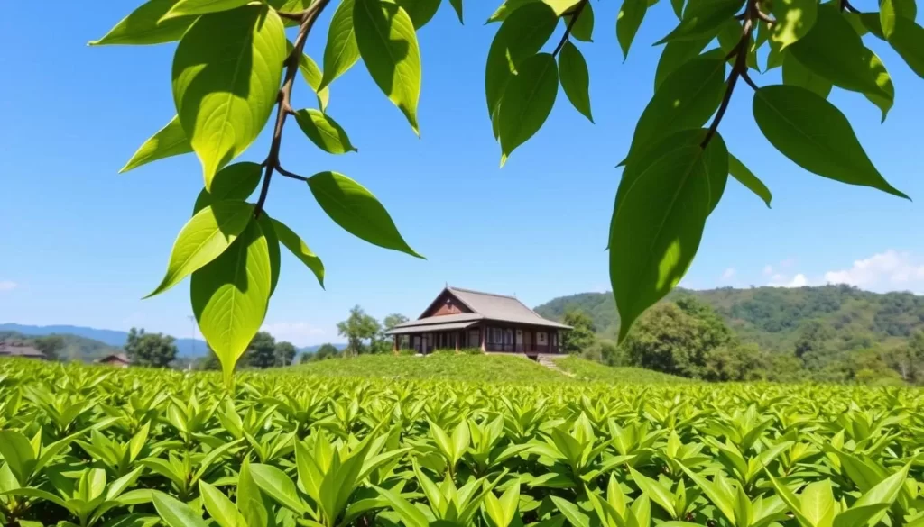 Generate an image of a serene tea plantation in Nantou County, Taiwan, with lush green tea leaves and a traditional Taiwanese tea house in the background.