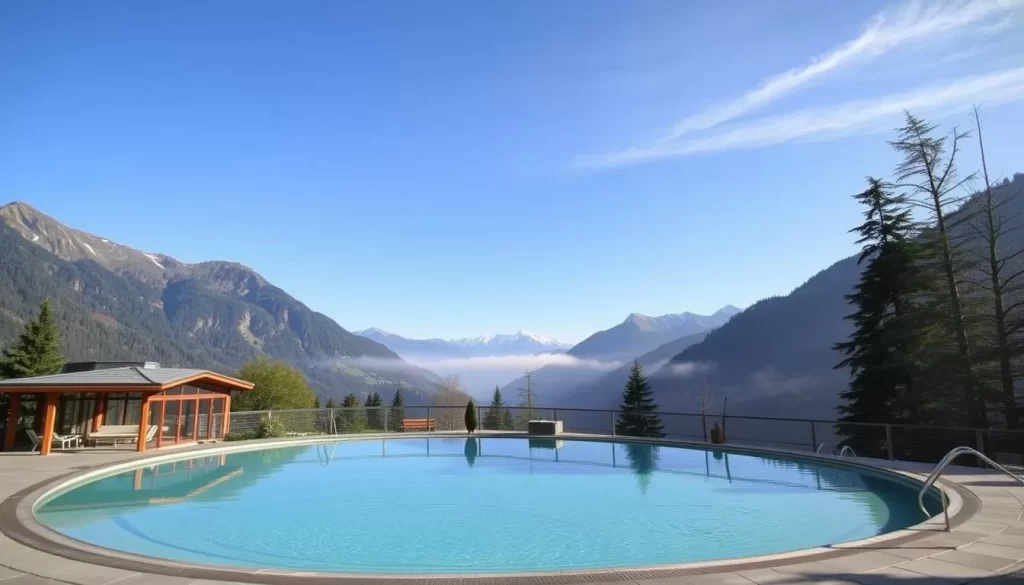 Generate an image of a serene thermal pool surrounded by Alpine scenery at Kärnten Therme in Warmbad Villach.