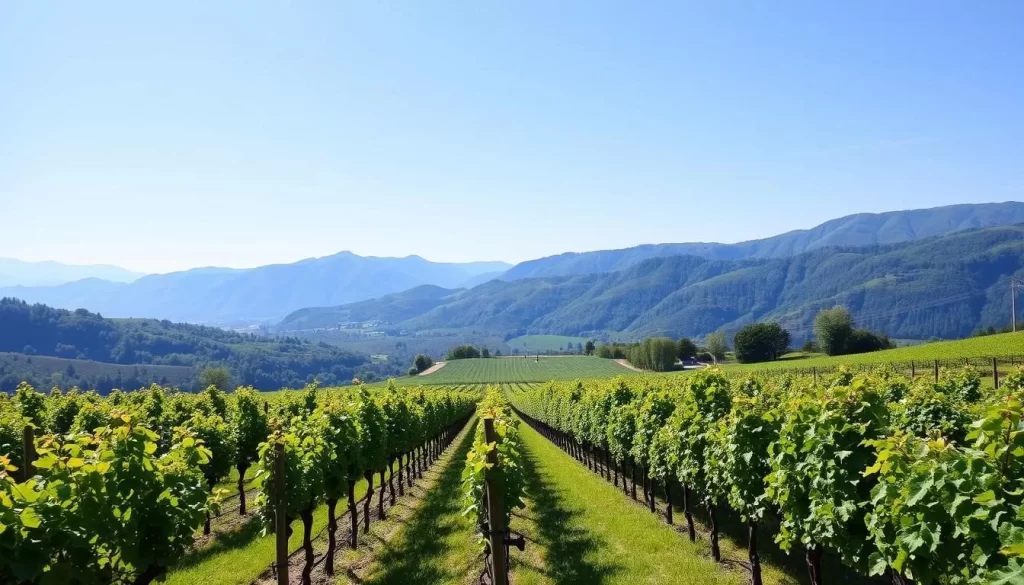 Generate an image of a serene vineyard landscape in Liechtenstein with rows of grapevines and a backdrop of rolling hills.