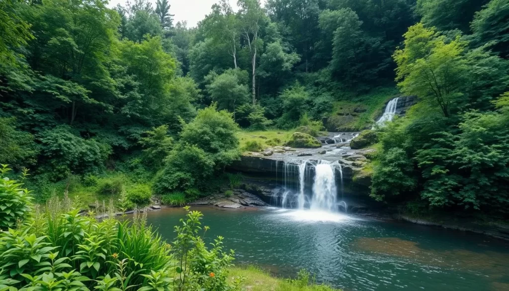 Generate an image of a serene waterfall in the Belgian Ardennes