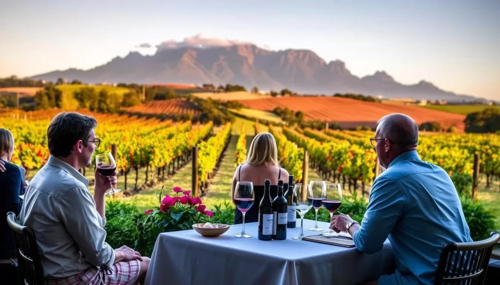Generate an image of a serene wine tasting experience at De Grendel winery with Table Mountain in the background.