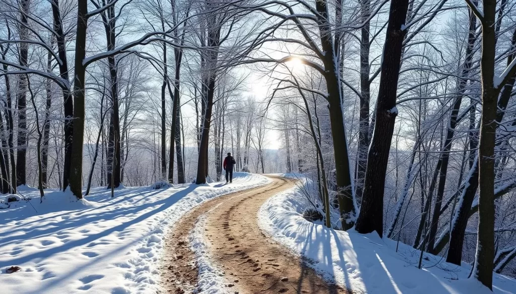 Generate an image of a serene winter hiking trail in Malbun, with snow-covered trees and a hiker in the distance.