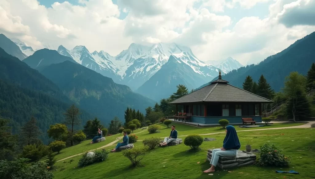 Generate an image of a serene yoga and meditation retreat in Nepal's mountains.