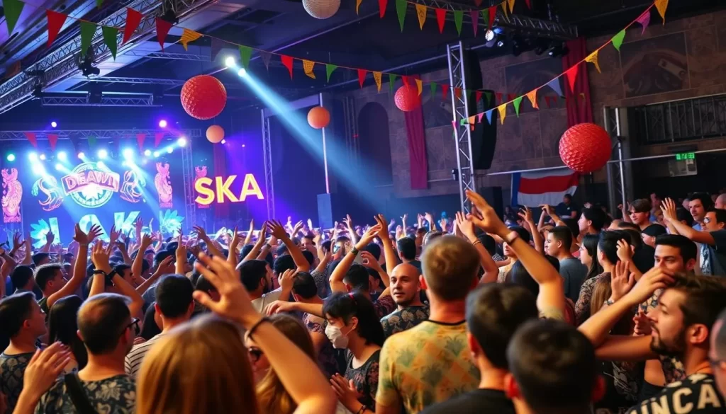 Generate an image of a ska festival with a crowd dancing and enjoying live music