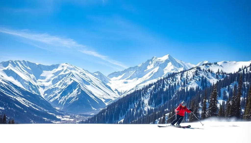 Generate an image of a skier on Auli's slopes with snow-capped Himalayan peaks in the background.