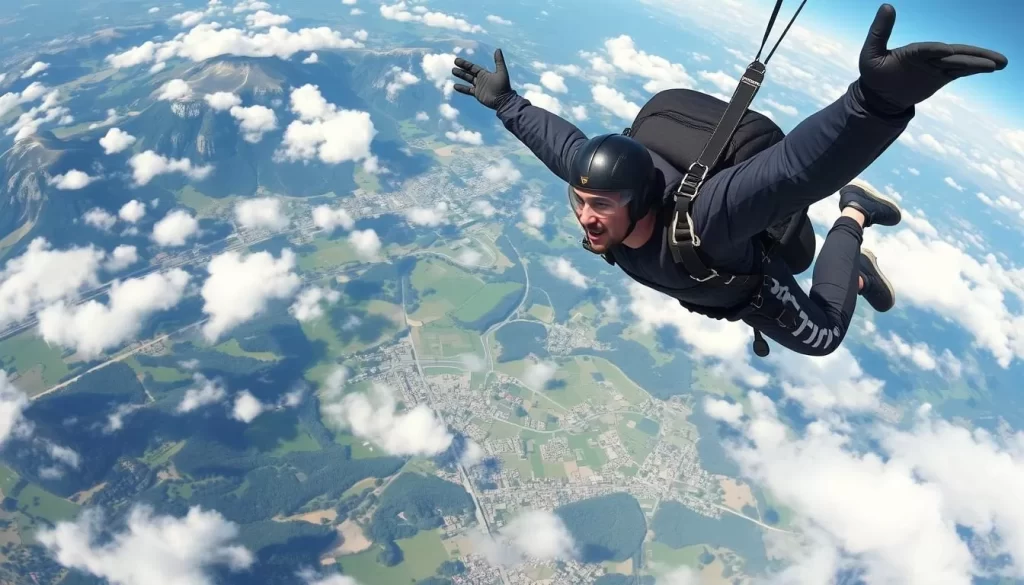 Generate an image of a skydiver in mid-jump over the Freistadt landscape.