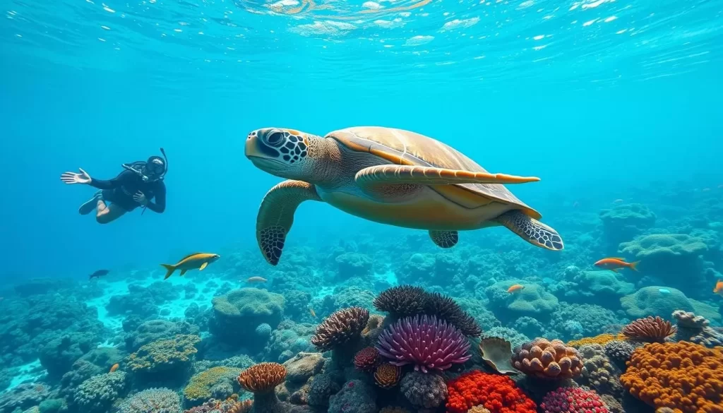 Generate an image of a snorkeler observing a sea turtle in the clear waters of Semporna Islands