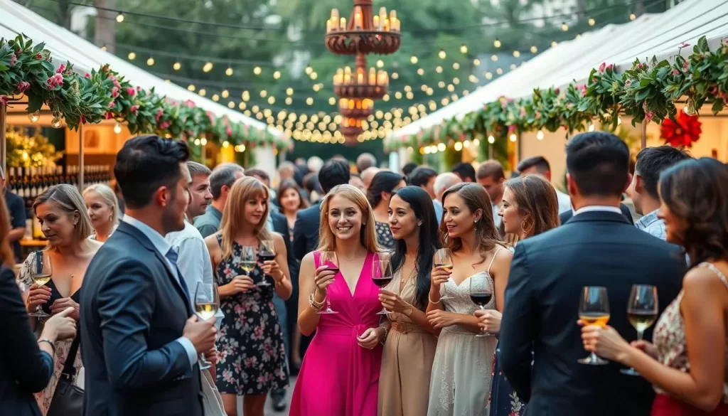 Generate an image of a sophisticated wine and food festival with attendees sampling wine and gourmet food.