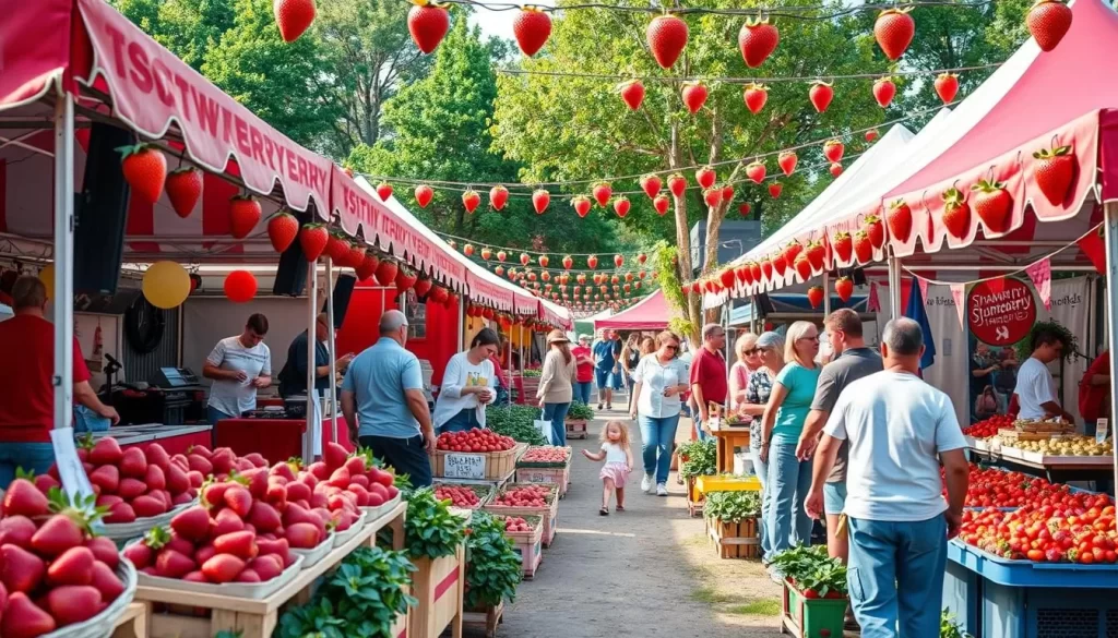 Generate an image of a strawberry festival with strawberry-themed activities, live music, and vendors.