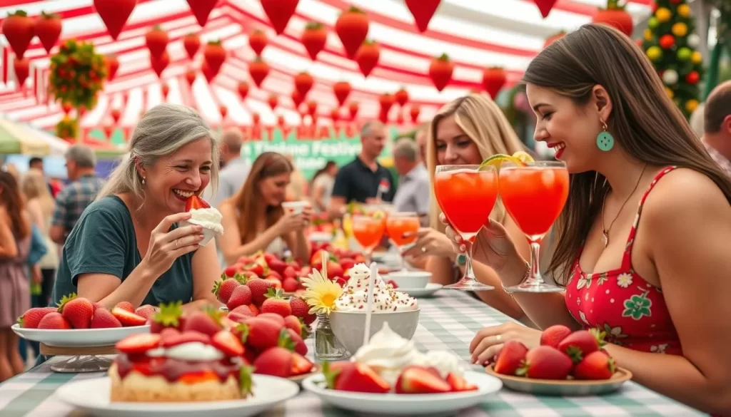 Generate an image of a strawberry-themed festival with attendees enjoying strawberry-based dishes, strawberry shortcake, and strawberry margaritas.