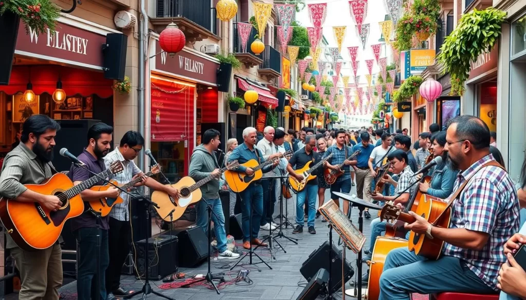 Generate an image of a street filled with various music performances.