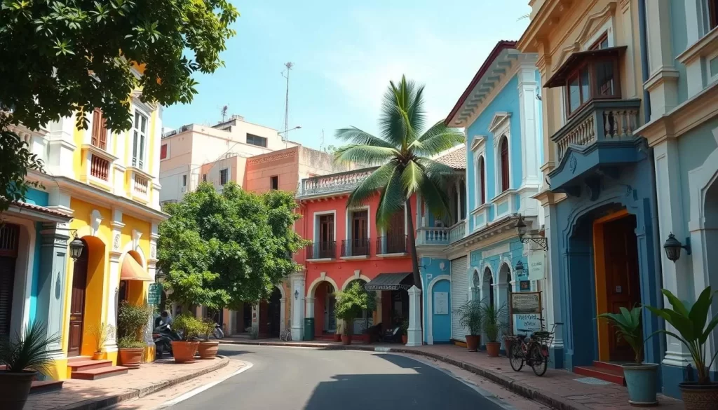 Generate an image of a street in Puducherry's French Quarter, showcasing a blend of Indian and French architectural styles.