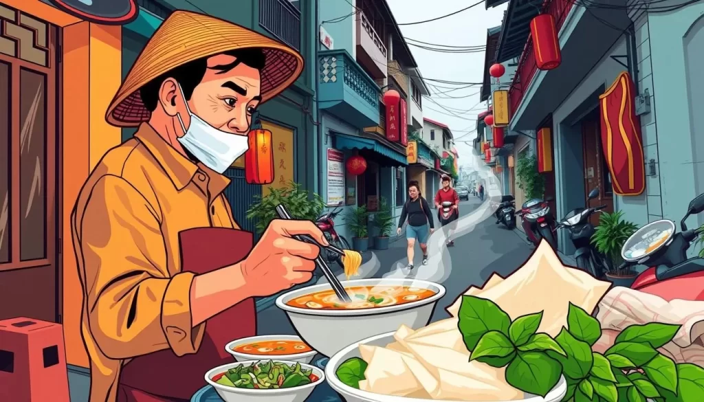 Generate an image of a street vendor serving Pho in Hanoi