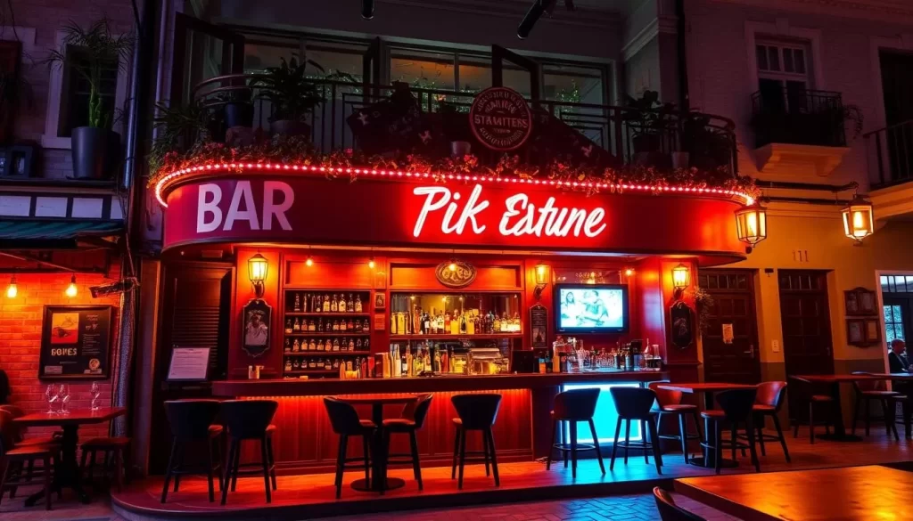 Generate an image of a stylish bar in Ipoh Old Town at night.