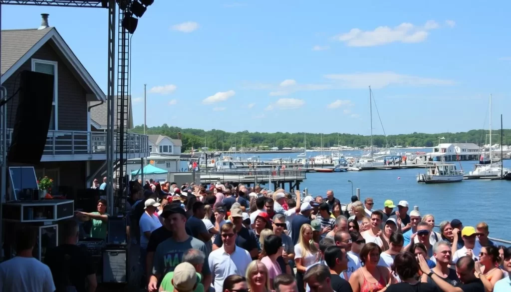 Generate an image of a summer concert in Mystic, Connecticut, with a scenic waterfront view and a lively audience.