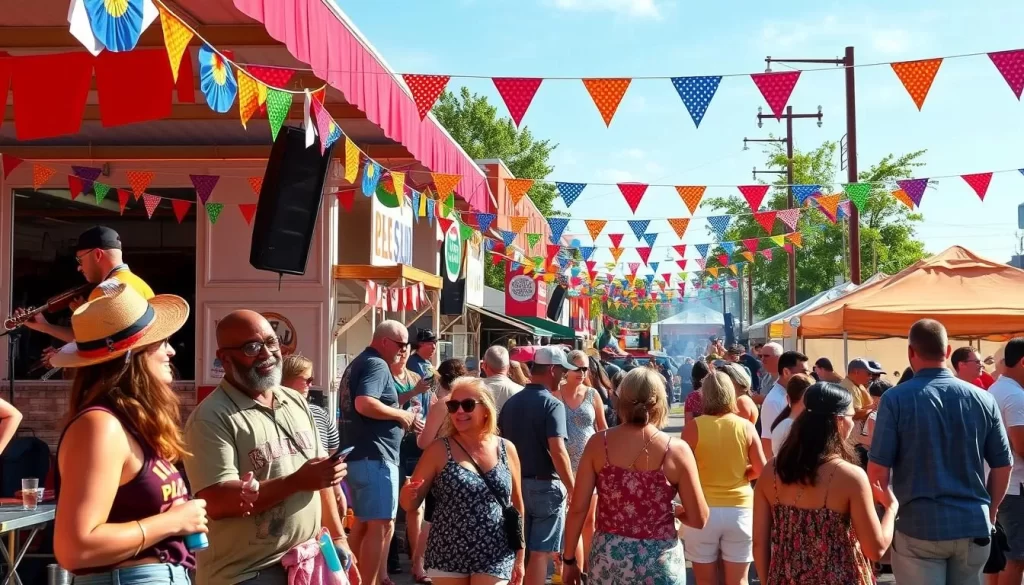 Generate an image of a summer festival scene with attendees enjoying blues music and barbecue in North Liberty.