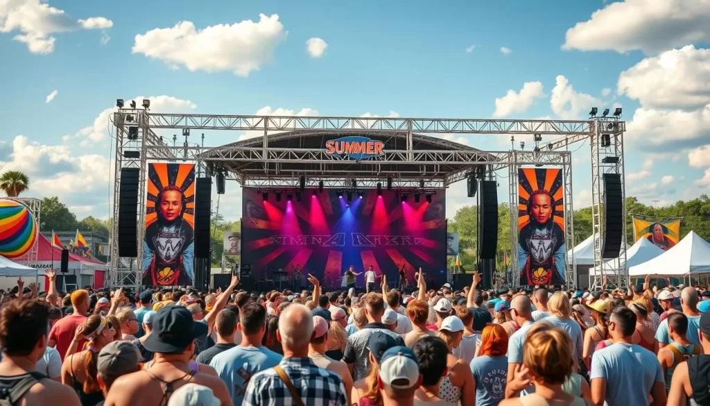 Generate an image of a summer festival with a stage and crowd.