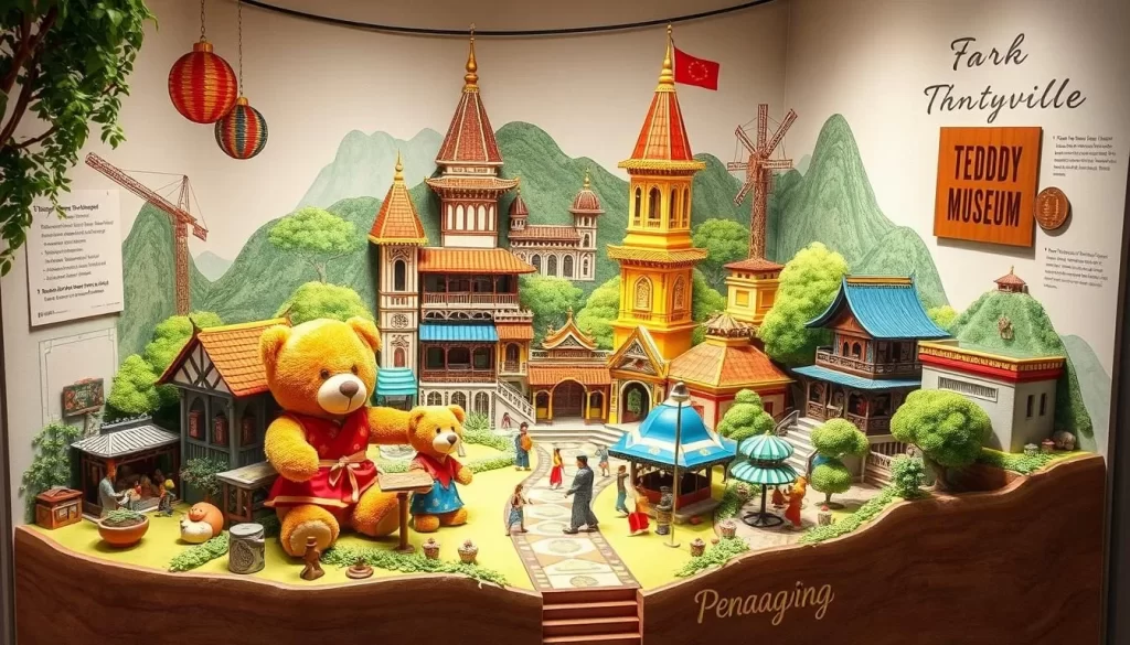 Generate an image of a teddy bear diorama at the Teddyville Museum, showcasing Penang's cultural heritage.