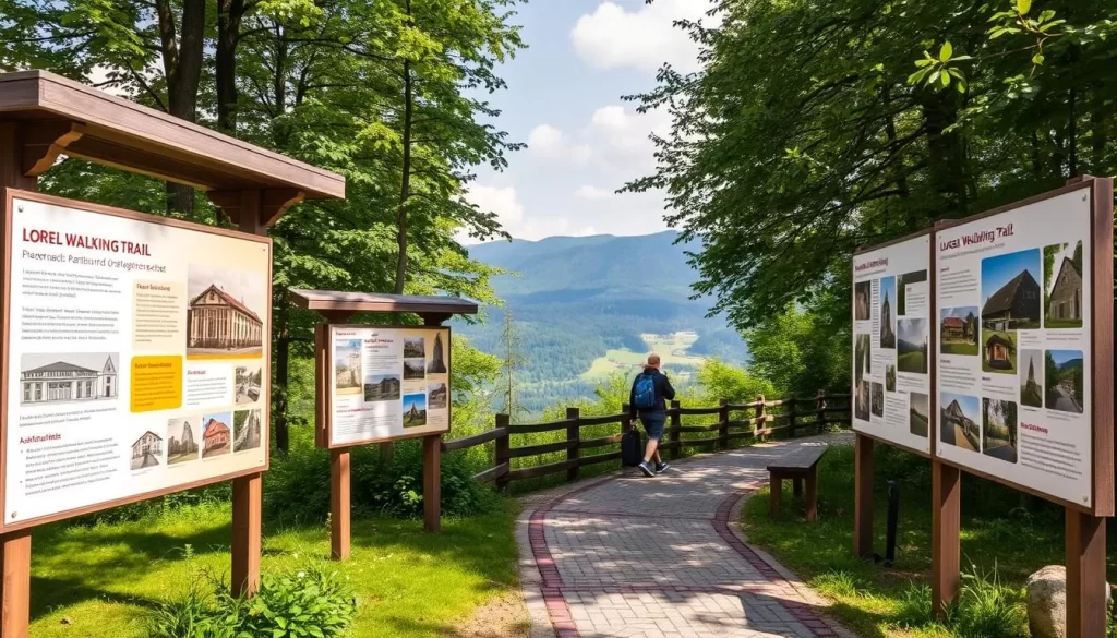 Generate an image of a themed walk in Bregenzerwald with informative displays about local architecture and design.