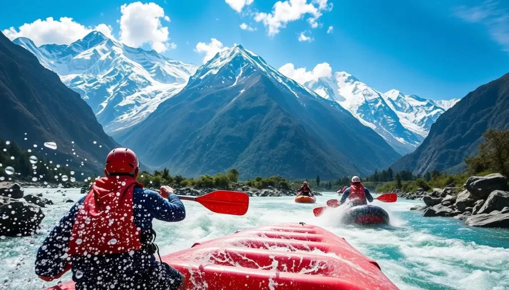 Generate an image of a thrilling white water rafting scene in Nepal's Himalayan rivers.