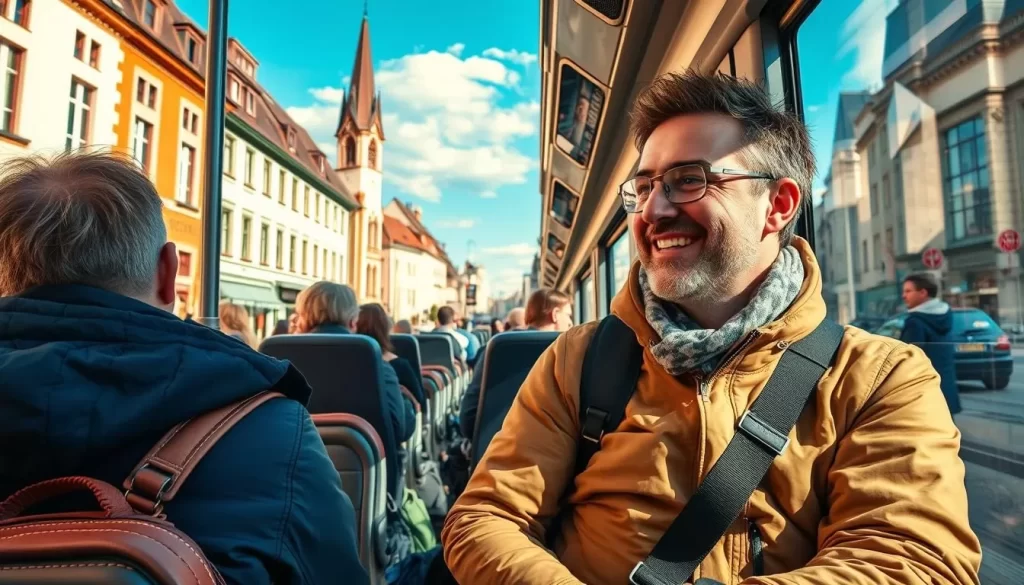 Generate an image of a tourist navigating Esch-sur-Alzette using public transport.