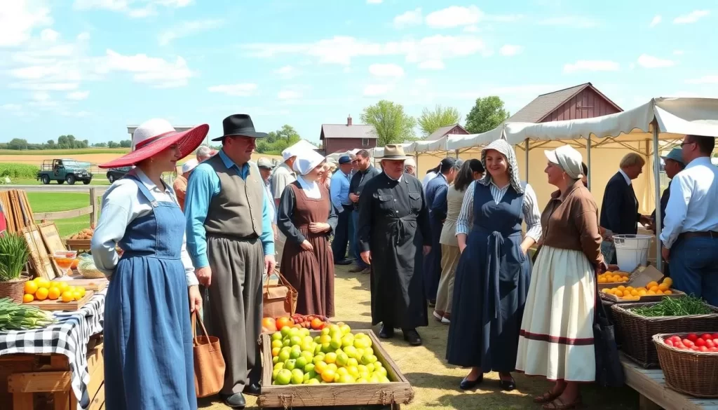 Generate an image of a traditional Amish community fair with people in traditional Amish attire, surrounded by stalls selling handmade crafts and local produce.