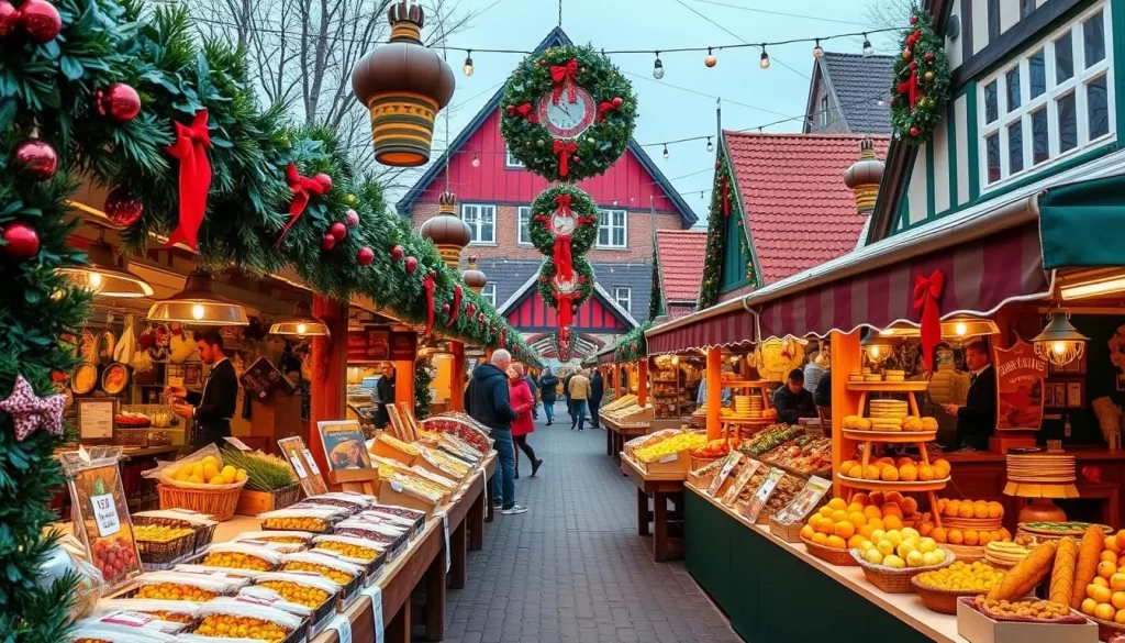 Generate an image of a traditional Danish Christmas market with festive decorations and specialty foods.