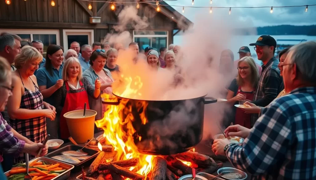 Generate an image of a traditional Door County fish boil with a large pot boiling over a flame, surrounded by people eagerly waiting to be served.