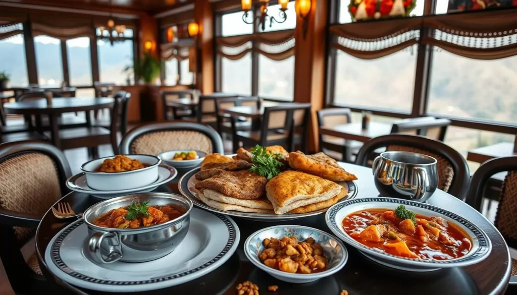 Generate an image of a traditional Garhwali meal being served in a Mussoorie restaurant.