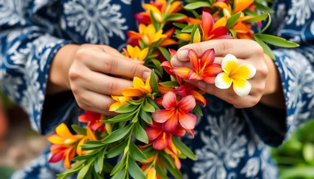 Generate an image of a traditional Hawaiian lei being made, with flowers and greenery intertwined.