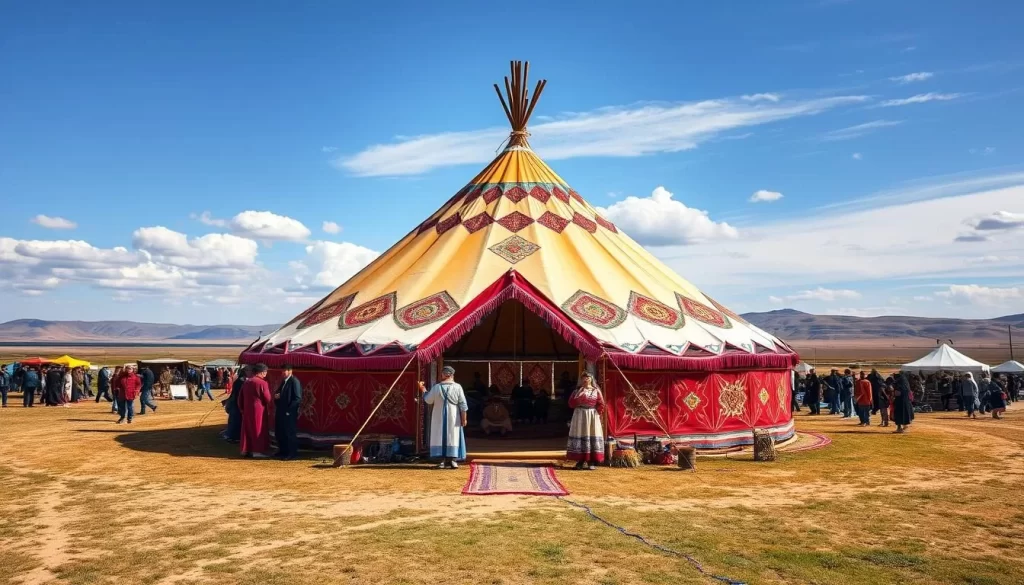 Generate an image of a traditional Kazakh yurt setup in a vast steppe area during the Chabana Festival.