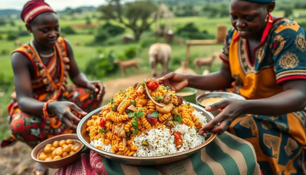 Generate an image of a traditional Kikuyu dish, Mataha, being served in a rural setting.